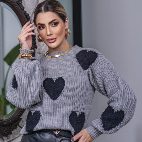 Blusa Coração Pelinho Feminina Tricô Lã Fang Manga Longa Bufante Oversize Inverno Frio Laffy Tricot