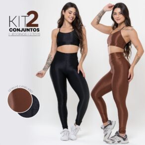 Kit 2 Conjuntos Fitness Feminino -Tops+Leggings Brilhosas Caneladas com Cós Alto, Fitness e Conforto