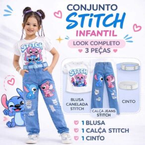 Conjunto Stitch Infantil Feminino 3 Peças Calça Jeans Blogueirinha + Blusa Stitch + Cinto