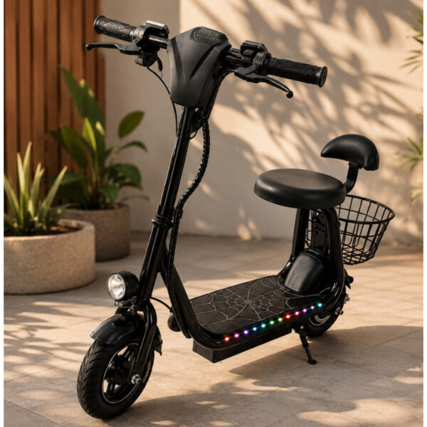 Patinete Elétrico Suporta ate 80kg Infantil 250W Mini Scooter Bluetooth LED Colorido Freio Farol Cesto