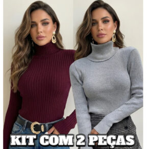 Kit 2 Blusas Feminina Cacharrel Tricô Básica Suéter Gola Alta Manga Longa Tricot