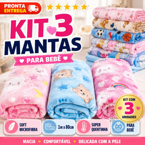 Kit 3 Unidades Manta Soft Microfibra Para Bebê Infantil Inverno Estampada 100cm x 80cm