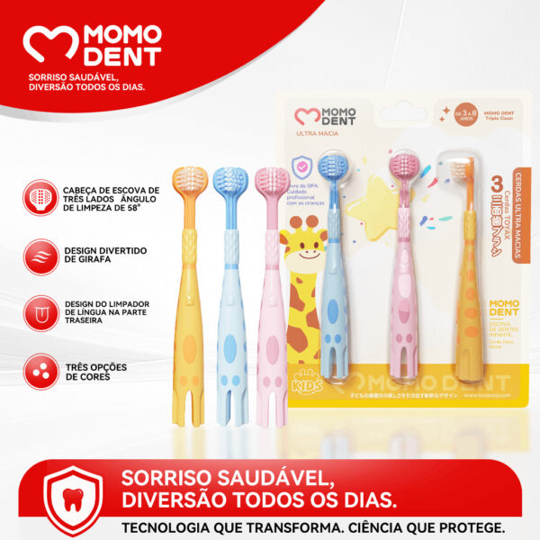 MOMODENT Escova Dental Infantil 3 Lados, Design Girafa, Cerdas Duplas, Ultra Macia, 3 Cores
