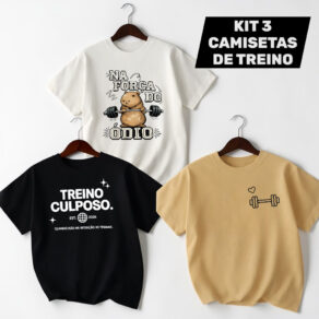 Camiseta Feminina Kit 3 Camisas Academia Meme Engraçada Algodão Unissex Treino Fitness