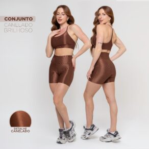 Conjunto Fitness Feminino Trilobal Canelado – Top Alcinha + Short Brilhoso Cós Alto Premium Academia