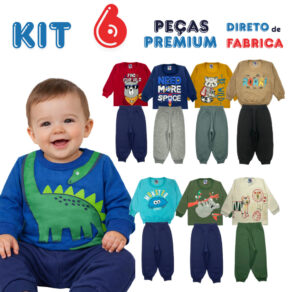 Kit 6 Peças Bebê Menino Inverno Moletom Felpado 3 Conjuntos Roupa Bebê P M G 1 a 9 Meses