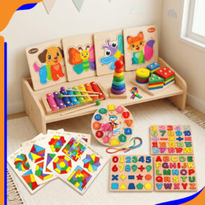 Super Kit Educativo Infantil 15 em 1 Madeira Montessori – Números, Letras, Cores e Coordenação