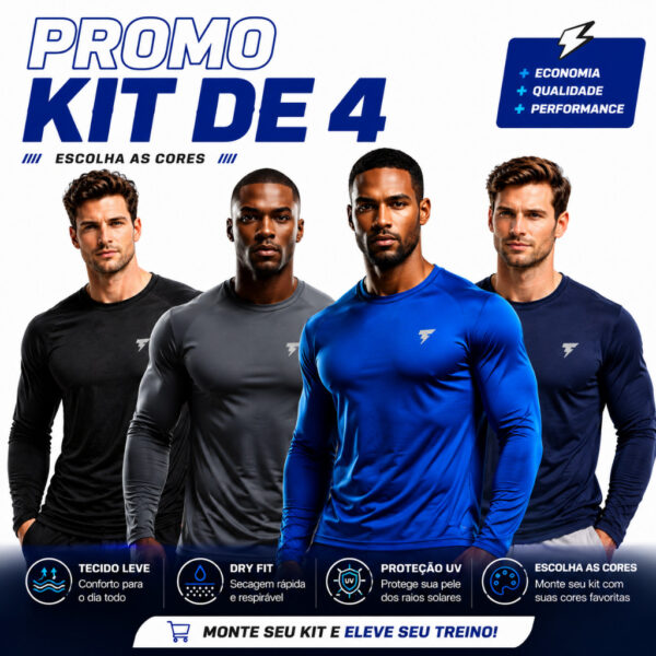 Kit com 4 Camiseta Uv Segunda Pele Proteção Solar Fator 50+ Cores Variadas Manga Longa Masculina