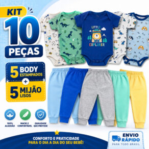 Kit 10 Peças Roupinhas de Bebê Body E Mijão Para Menino