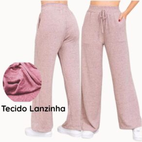 Calça Pantalona Feminina de Lanzinha Cintura Alta com Bolso e Elastico pra Inverno GG, G, M, P