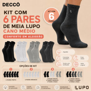 Kit Com 6 Pares De Meias Lupo Sport Cano Médio Esportiva Adulto Em Algodão