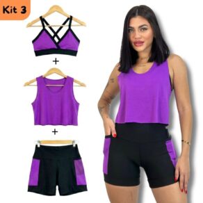 KIT 3 Peças Short com Bolso Top e Blusa Baby Look Dryfit Fitness Conjunto Academia