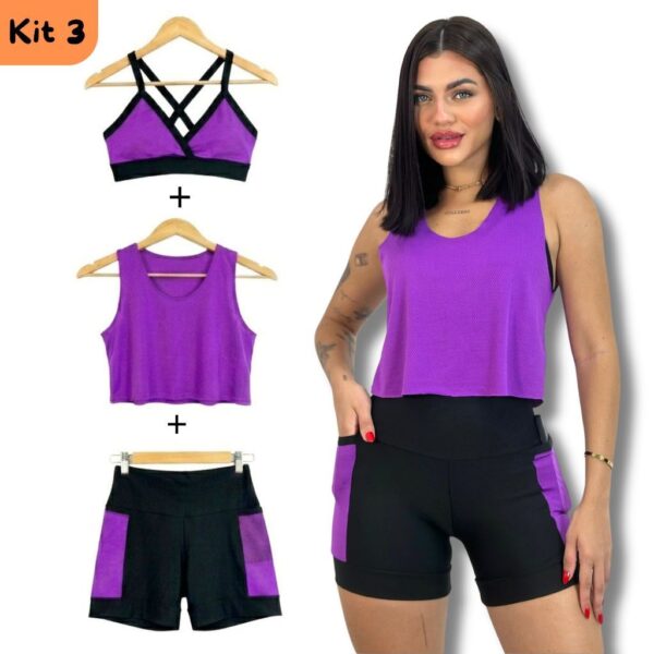 KIT 3 Peças Short com Bolso Top e Blusa Baby Look Dryfit Fitness Conjunto Academia