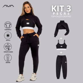 Conjunto Inverno Moletinho Kit 3 Peças Cropedd Manga+Top+Calça Jogger Academia Comfy AVA Fitness