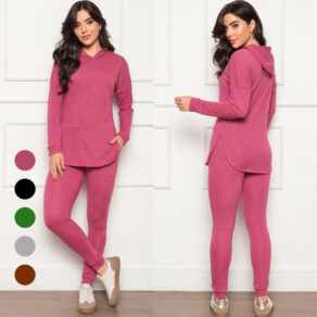 Conjunto Lãzinha Feminino Inverno Calça e Blusa com Capuz Lanzinha Frio Quentinho Abrigo 2 peças