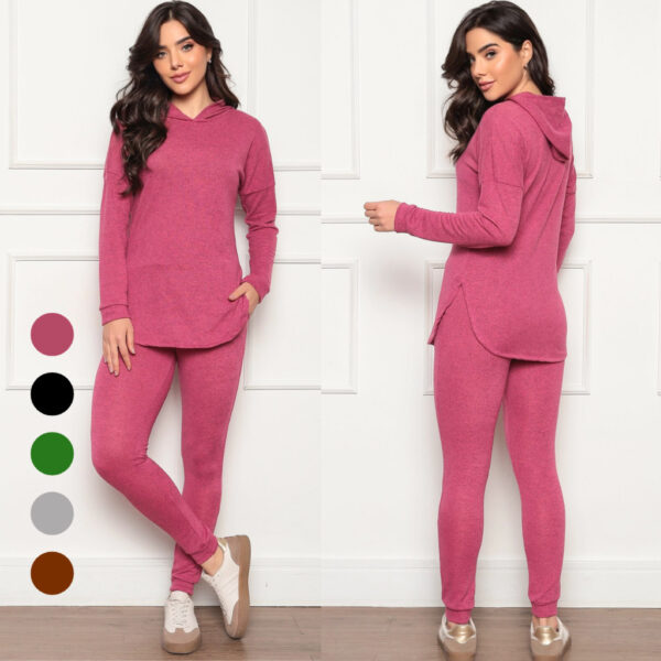 Conjunto Lãzinha Feminino Inverno Calça e Blusa com Capuz Lanzinha Frio Quentinho Abrigo 2 peças