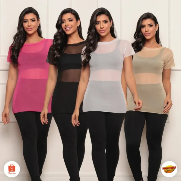 Kit 4 Blusa Feminina Transparente de Tule Manga Curta Camiseta Academia Treino