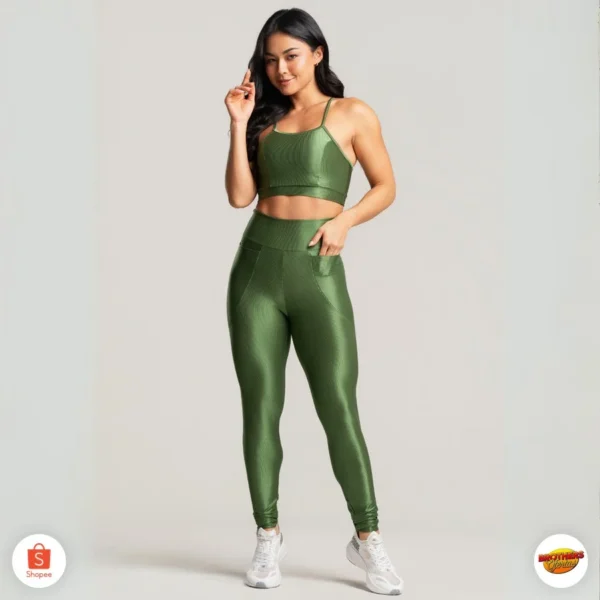 Conjunto Legging Academia Com Bolso Top Fitness Calça Treino Feminino Luxo