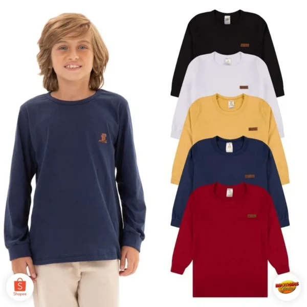 Kit 3 Camisetas Manga Longa Infantil Menino Básica Lisa Tamanho 2 ao 10