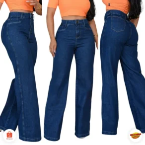 Calça Jeans Wide Leg Escura Estilo Pantalona Cós Alto Modeladora e Cintura Alta