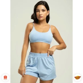 Biquíni Faixa Liso Calcinha Comum Bojo Removivel + Short Curto Liso Tecido Proteção Solar Uv 50+