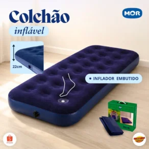 Colchao Inflavel Solteiro Mor + Inflador Embutido + Reparo Cor Azul