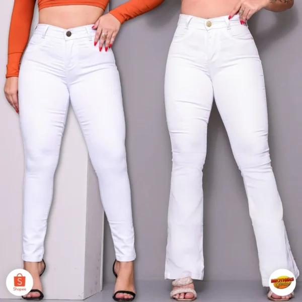 Calça Feminina Jeans Branca Skinny e Flare Wide Leg Enfermagem Hospital Medicina Lycra Boca de Sino