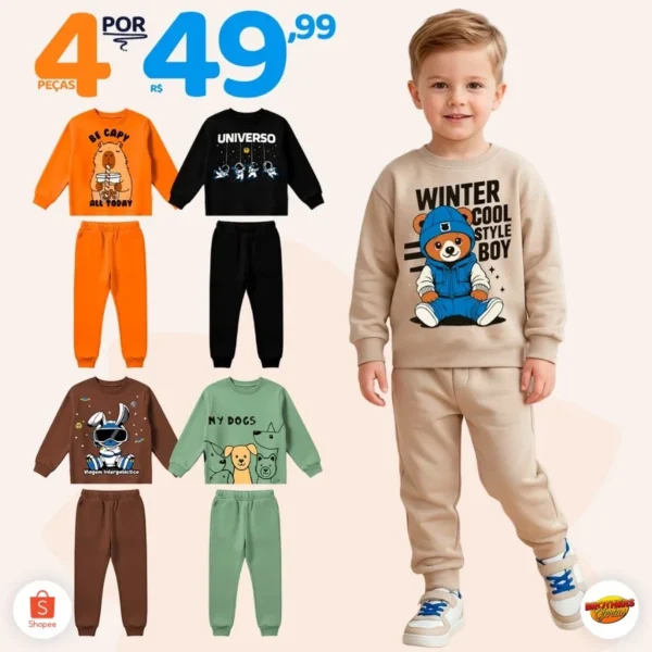 Kit Sortido 4 Peças de Roupas Masculino Infantil Inverno – 2 blusas casacos + 2 calças de 1 ao 10 – Kit 2 Conjuntos