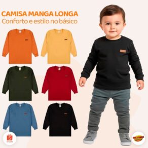 Kit 3 ou 5 Camisetas Manga Longa Infantil Bebê Menino Básica Lisa Casual Manga Comprida 100% Algodão