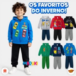 Kit 6 Peças Moletom Jaqueta com Capuz e Zíper e Calça Menino Infantil Masculino Inverno