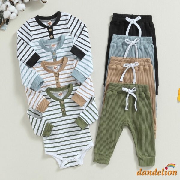Conjunto de Roupas Quentes de Outono para Bebê Menino 2 Peças: Macacão de Manga Longa com Estampa Listrada + Calças
