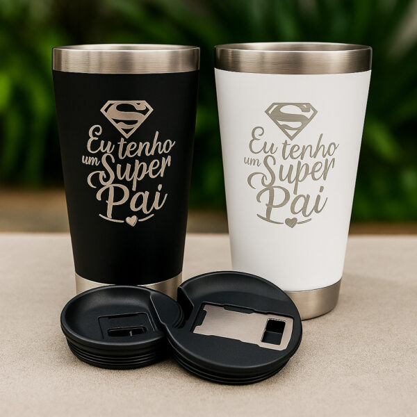 Copo Super Pai Térmico 476ml Gravação a Laser C Tampa Abridor de Garrafa – Presente Dia dos Pais