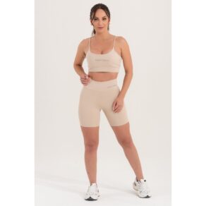 Conjunto Fitness Feminino Básico Em Poliamida Areia Duna Bermuda E Top Para Treino Academia