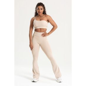 Conjunto Fitness Legging Flare e Top Ombro Único Areia Duna Cintura Alta Treino Academia Crossfit