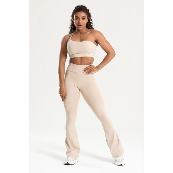 Conjunto Fitness Legging Flare e Top Ombro Único Areia Duna Cintura Alta Treino Academia Crossfit