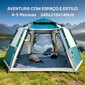 Barraca de Camping Automática 4-5 Pessoas 240x210x140cm Grande Hexagonal com Vara de Hall Portátil