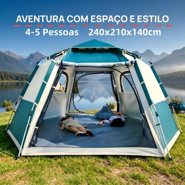 Barraca de Camping Automática 4-5 Pessoas 240x210x140cm Grande Hexagonal com Vara de Hall Portátil
