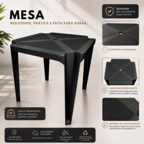 Mesa de Plástico Monobloco Preta para Jardim e Comércio Preta Branca Resitente