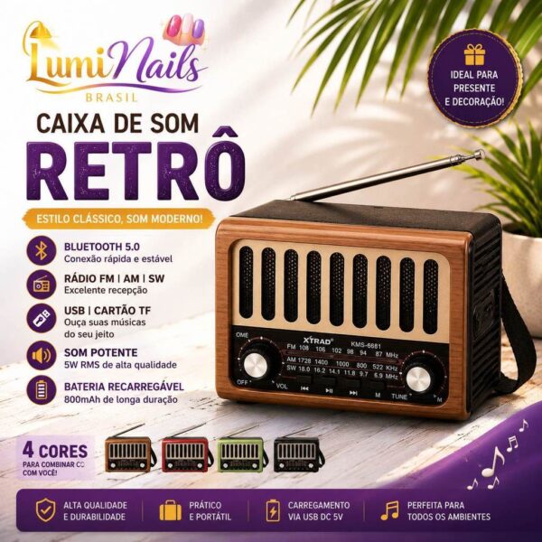 Caixa de Som Bluetooth Retrô Vintage Rádio FM AM SW USB Cartão TF Portátil Recarregável 5W RMS KMS-6681
