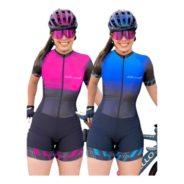Macaquinho Ciclismo Feminino Profissional Gel Acolchoado UV Proteção MTB Speed Rosa Pink e Azul