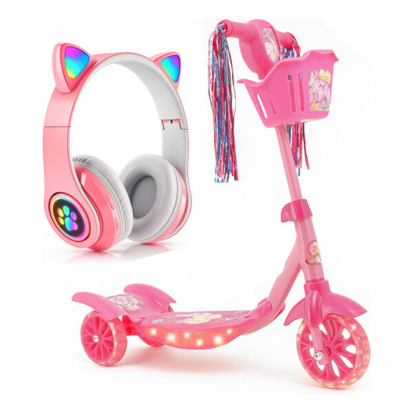Patinete Princesa Sereia 3 Rodinhas Luz Led E Som + Fone Gatinho Rosa Bluetooth de Brinde