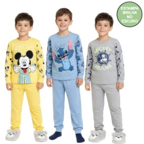 Conjunto Pijama Brilha no Escuro Personagens Manga Longa Menino Infantil Mickey Homem Aranha Inverno