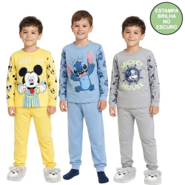 Conjunto Pijama Brilha no Escuro Personagens Manga Longa Menino Infantil Mickey Homem Aranha Inverno
