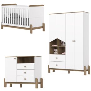 Quarto de Bebê Completo com Berço Cômoda e Guarda-roupa Henn Ternura Branco e Jequitibá