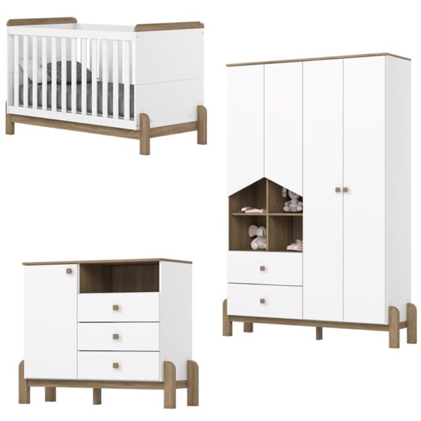 Quarto de Bebê Completo com Berço Cômoda e Guarda-roupa Henn Ternura Branco e Jequitibá