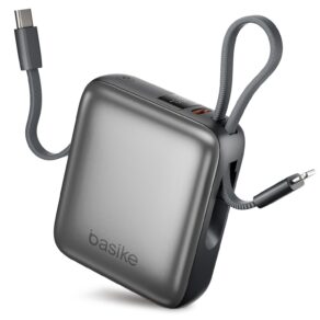 Basike Carregador Portátil 10000mAh, Mini Power Bank (Cinza) | Cabos Integrados, Carregamento Rápido 22.5W(MAX), Pequeno, Led Indicador de Bateria para iPhone/Samsung/Huawei/Xiaomi, etc