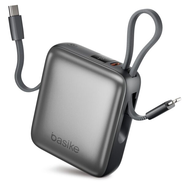 Basike Carregador Portátil 10000mAh, Mini Power Bank (Cinza) | Cabos Integrados, Carregamento Rápido 22.5W(MAX), Pequeno, Led Indicador de Bateria para iPhone/Samsung/Huawei/Xiaomi, etc