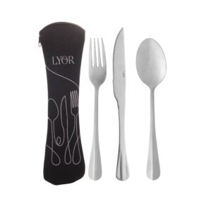 LYOR - Conjunto 4 peças Estojo de Neoprene Preto com 3 Talheres Positano Aço Inox