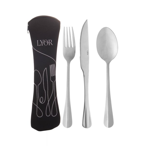 LYOR - Conjunto 4 peças Estojo de Neoprene Preto com 3 Talheres Positano Aço Inox