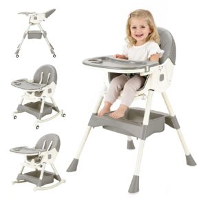 Cadeira De Alimentação Bebe Multifuncional 6 Em 1 Para Bebês, Com Dobragem Com Um Único Toque, Bandeja E Encosto Ajustáveis Em 3 Alturas, Cinto De Segurança De 5 Pontos, Rodas Com Freio E Assento Removível Em PU Que Se Limpa Com Um Pano Úmido; Ideal Para Pais Ocupados Que Cuidam Dos Filhos Em Casa, Em Viagens Ou Na Casa Dos Avós (Cinza quente)